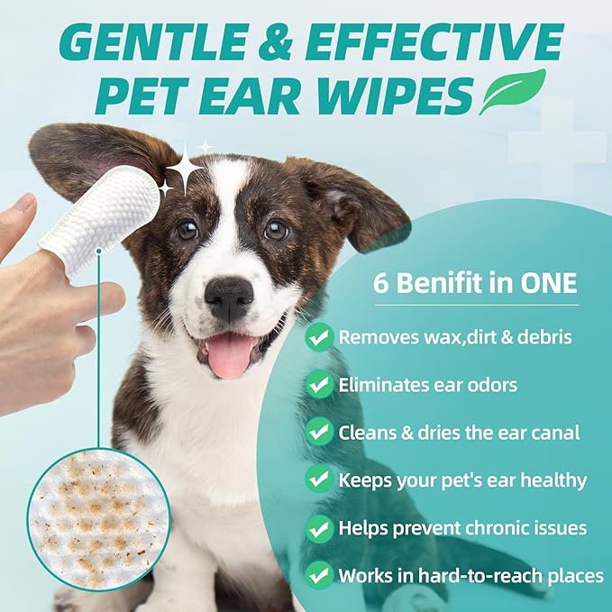 Dog Ear Cleaner Finger Wipes - Grooming Kit Care for Dogs and Cats Regular Soothing Odor Control Reduce Dirt Wax Build Up Pet Supplies Easy to Use Fresh Coconut Scent 100 Pcs ANTONDOLL