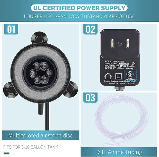 Pawfly 2 Inch Aquarium Air Stone Disc with LED Light Fine Bubbler Diffuser with Tubing for Fish Tank (Pump not Included) Pawfly