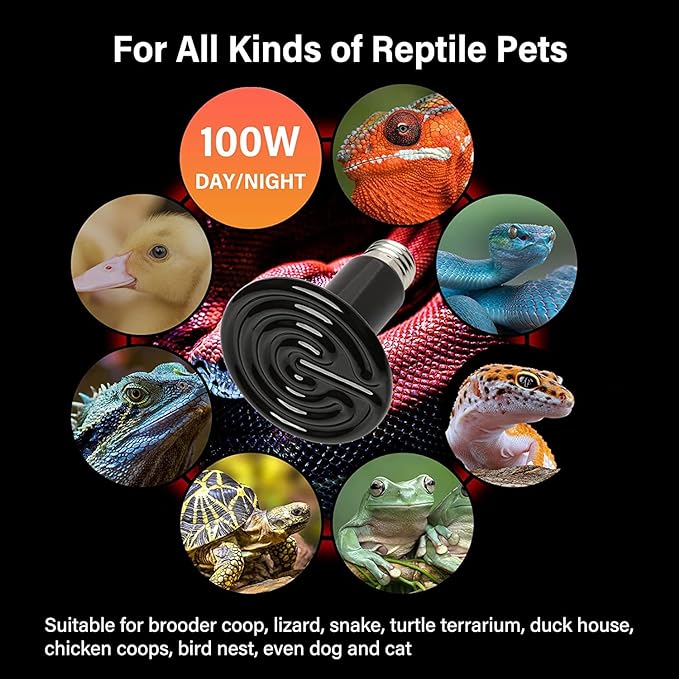 HealSmart Reptile Heat Lamp 100W Ceramic Heat Emitter, No Light Emitting Heat Bulbs for Amphibian Pet Brooder Coop Incubating Chicken, Lizard Bearded Dragon Turtle Snake Terrarium Black HealSmart
