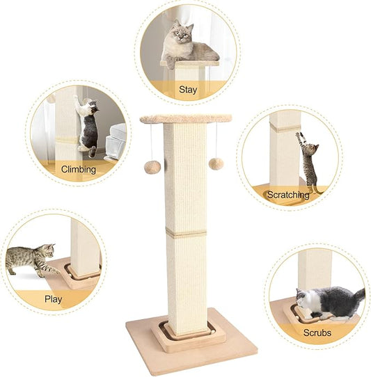 Cat Scratching Post,33 Inches Heavy Duty and Thicker Cat Scratching Posts for Indoor Cats Adults,Tall Cat Scratching Post with Interactive Toys and Hanging Ball, Protect Your Furniture, Beige - PAWPICO