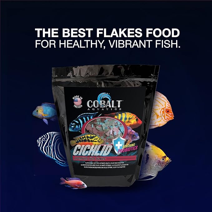 Cobalt Aquatics Cichlid Flakes 32oz - Probiotic Formula for Growth, Color & Health - Blue Flakes for Digestive & Immune Support - for Clear Aquariums COBALTAQUATICS