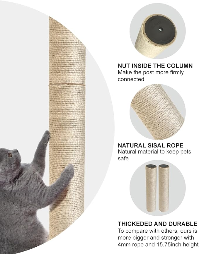 2 PCS M8 Cat Scratching Post Replacement, 15.7 x 3.3 inch Sisal Pole Cat Tree Replacement Post with Screws, Refill Sisal Rope Scratcher Posts for Indoor Kitten Tree Tower Spare Cat Furniture Protector - PAWPICO