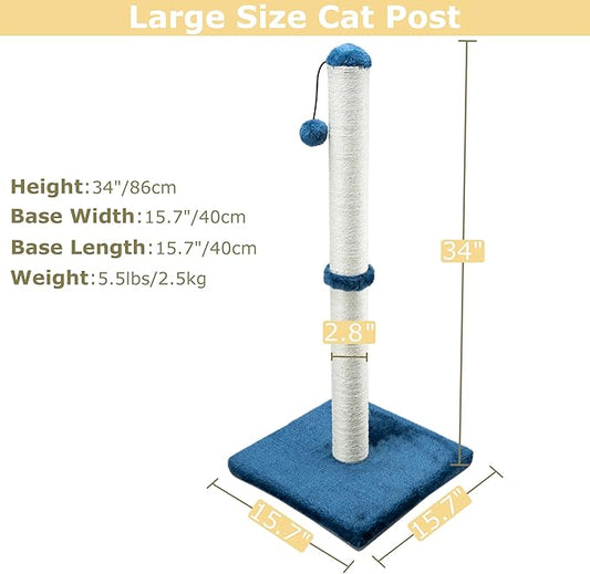 Dimaka 34" Tall Cat Scratching Post for Large Cats and Kittens, High Vertical Scratcher with Premium Natural Sisal Rope and Interactive Hanging Ball for Indoor Cats (Blue, 34 inches) - PAWPICO