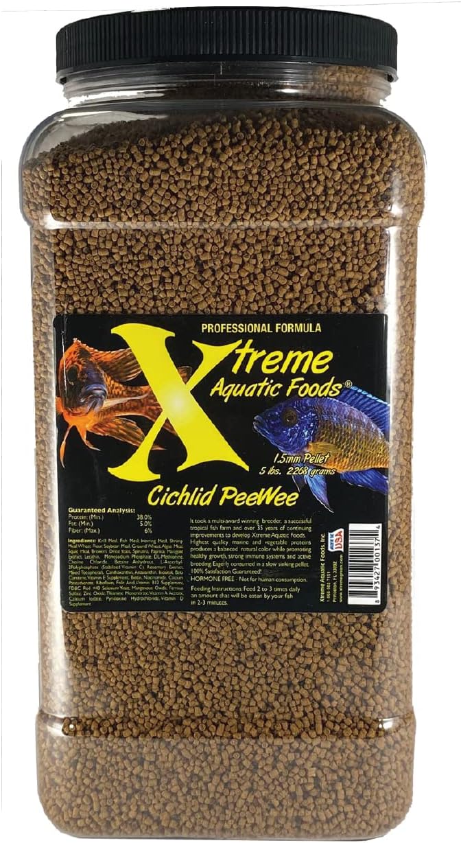 Xtreme Cichlid Peewee 1.5 mm Pellets - Proven Nutrition for Cichlids - Balanced Amino Acids, Boost Immune & Digestive Health, Color & Energy, Max Protein Freshwater Fish Food – USA Farm Grown (72oz) XtremeAquaticFoods