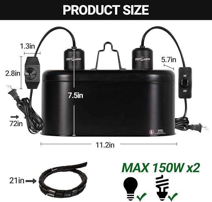 REPTI ZOO Dual Reptile Light Fixture with Dimming, Deep Dome Reptile Heat Lamp Fixture, UVB Light Dual Fixture Lamp Cap for Reptile Terrarium Tank REPTIZOO