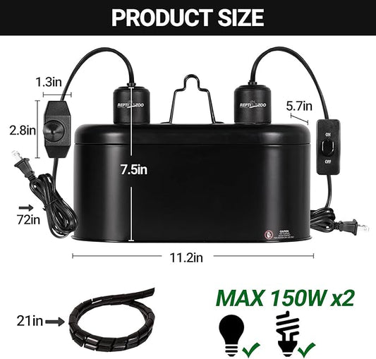 REPTI ZOO Dual Reptile Light Fixture with Dimming, Deep Dome Reptile Heat Lamp Fixture, UVB Light Dual Fixture Lamp Cap for Reptile Terrarium Tank REPTIZOO