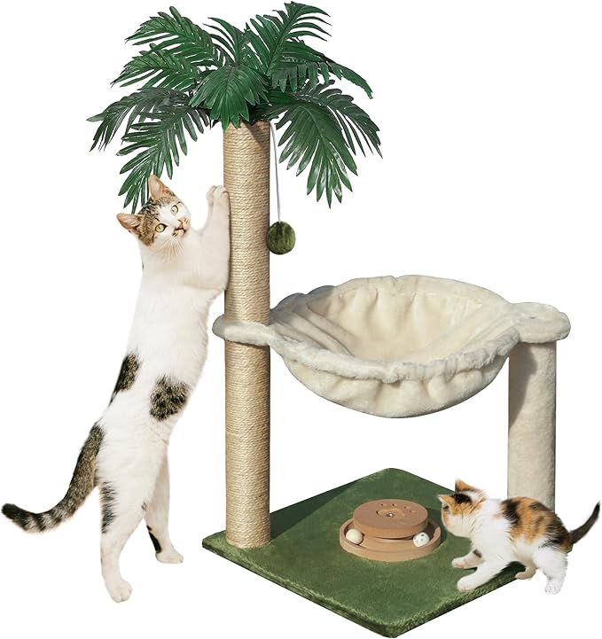 Cat Scratching Post 30 Inches Small Cat Tree Tower with Cat Hammock, Cat Hammock with Cat Toy Wooden Interactive, Cat Condo for Kitten and Adults Cat - PAWPICO