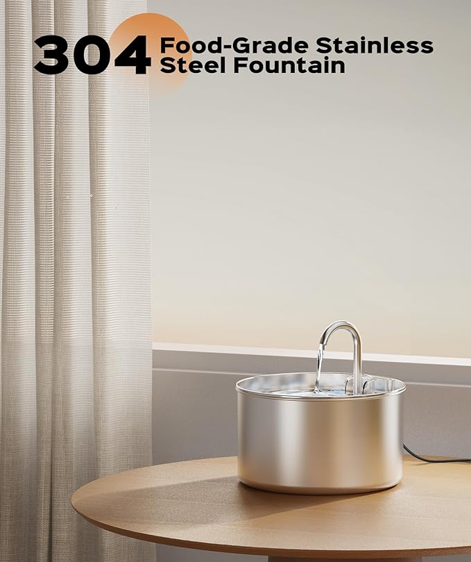 Stainless Steel Cat Water Fountain: Pet Fountains Indoor Metal Automatic Dispenser Cat Waterer Bowls Dog Faucet Bottle Pets 24/7 Running Watering for Drinking Quiet Pump with 1 Filter - PAWPICO