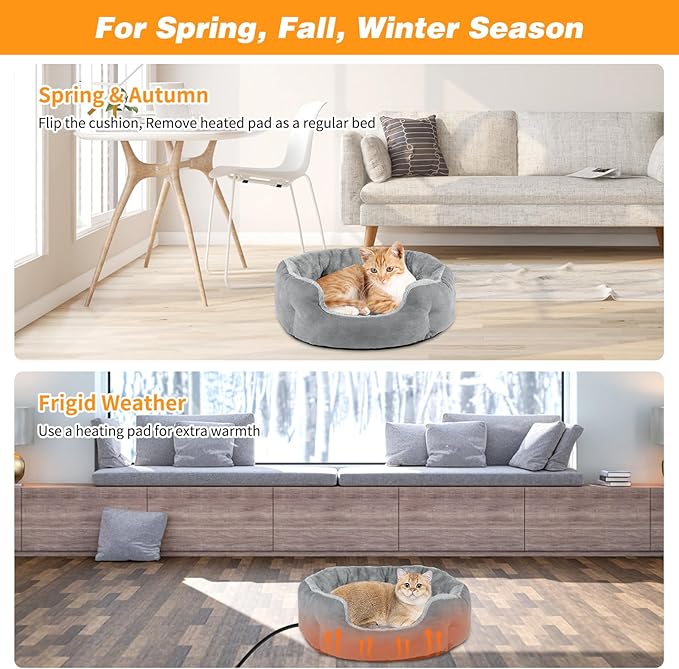 FHTONGE Heated Cat Bed Indoor with Timer and Temp Adjustment, Washable Self Warming Cat Bed Donut with Overheat Protection for Winter, Snuggle Round Cat Bed Cuddler with Electric Heating Pad - PAWPICO