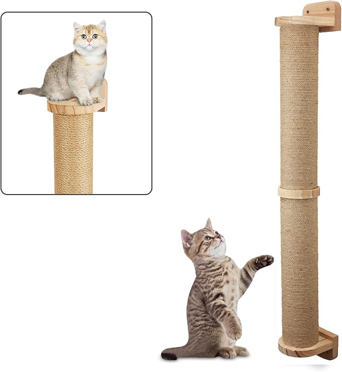 2 Tier Cat Wall Wood Sisal Scratching Post for Indoor - 37 inch Tall- Vertical or Horizontal Wall Mounted Cat Scratcher, Cat Scratching Board, Cat Activity Trees Cat Wall Furniture Shelves - PAWPICO
