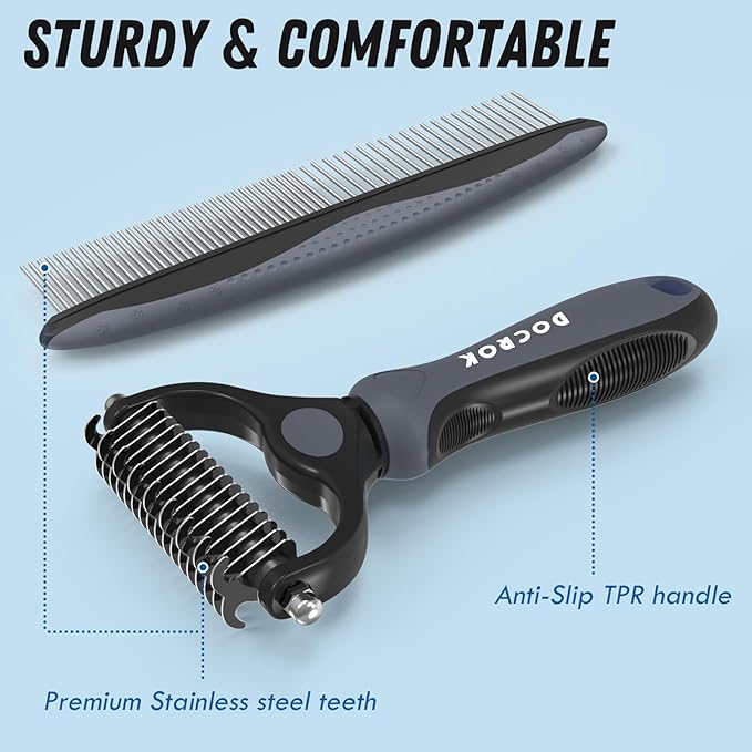 Pet Grooming Brush and Metal Comb Combo, Cat Brush Dog Brush for Shedding, Undercoat Rake for Dogs Grooming, Dematting Deshedding Brush Dogs Shedding Tool for Long matted Haired Pets, Gray - PAWPICO