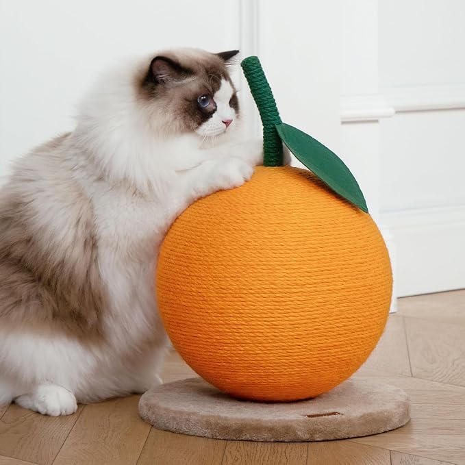 VETRESKA Orange Cat Scratching Post, Cute Cat Scratcher with Sisal Rope, Vertical Cat Scratch Post for Indoor Cat and Kitten, Cat Scratching Ball - PAWPICO