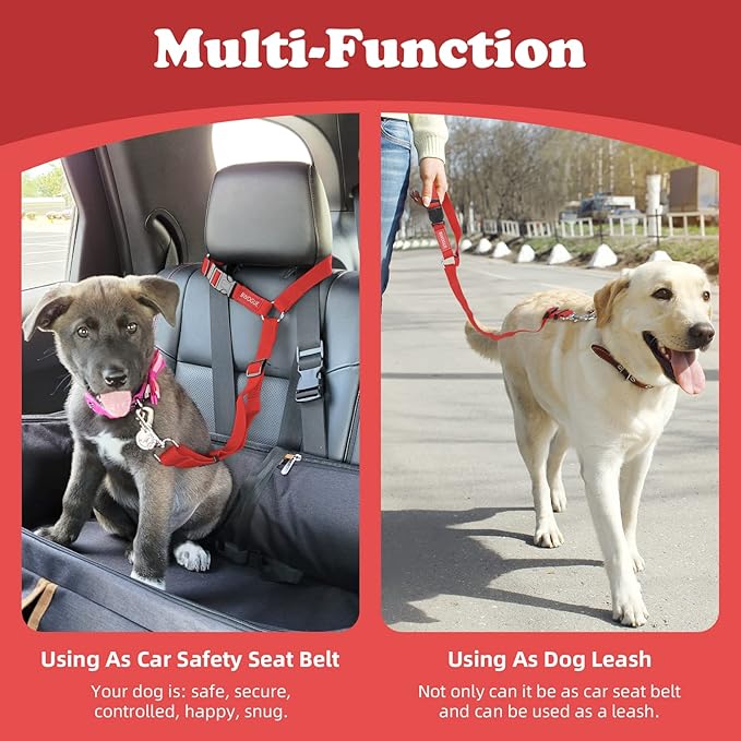 BWOGUE 2 Packs Dog Cat Safety Seat Belt Strap Car Headrest Restraint Adjustable Nylon Fabric Dog Restraints Vehicle Seatbelts Harness Red BWOGUEPetHome