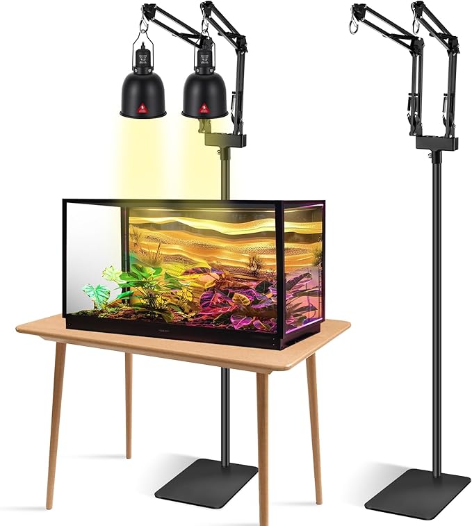 Dual Reptile Lamp Stand Reptile Light Stand with Two Flexible Brackets,Height Adjustable (15.7inch to 74.3inch) Reptile Heat Lamp Stand for Hanging Heat Lamp Holder and Light Fixture DXOPHIEX