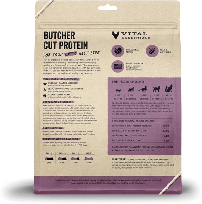 Vital Essentials Freeze Dried Raw Cat Food, Turkey Mini Patties Entree, 15 oz VitalEssentials