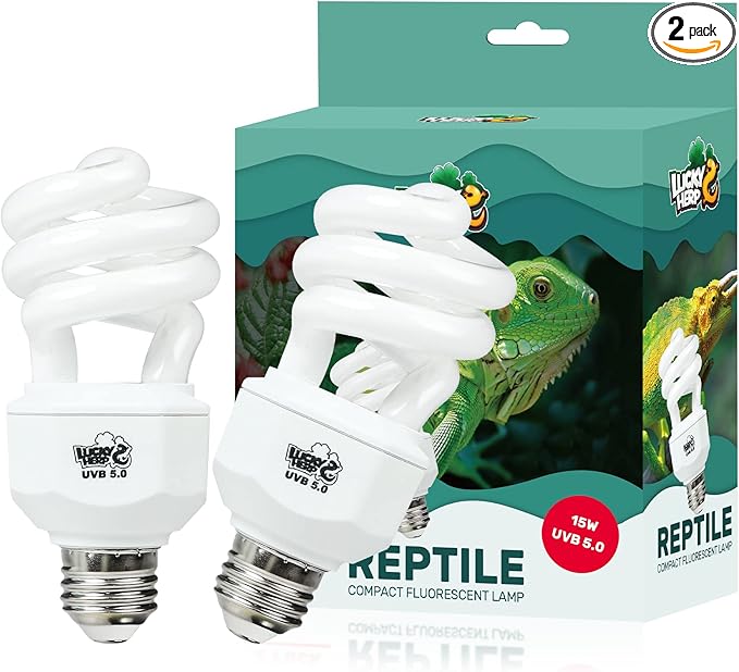 LUCKY HERP 2 Pack UVA UVB Reptile Light, 15W 5.0 UVB Bulb for Tropical and Sub Tropical Reptiles, Compact Fluorescent Terrarium Lamp, Reptile UVB Bulb for Chameleons, Lizard, Turtle LUCKYHERP