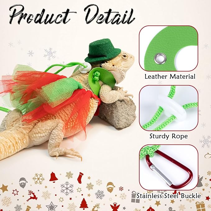 Bearded Dragon Christmas Costume Tutu Skirt Bowler Hat Leash Harness Reptile Christmas Cosplay Accessories Set for Lizard Leopard Gecko(Green) WODISON