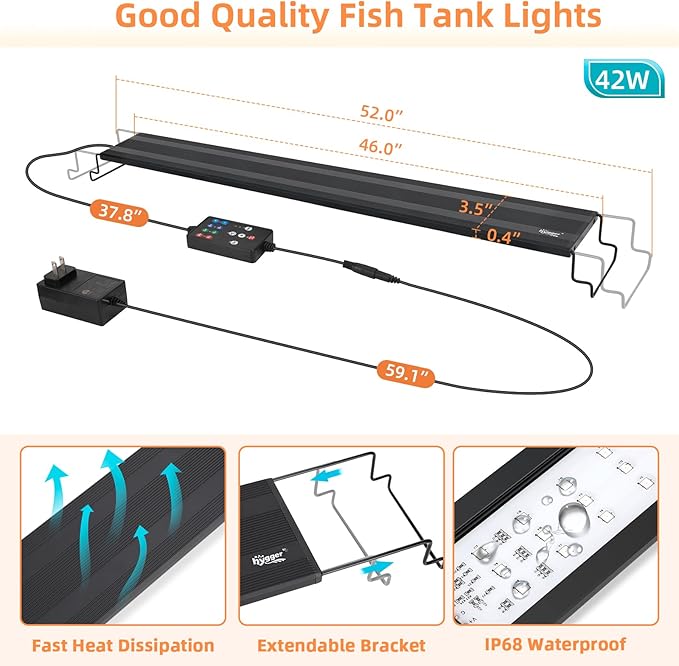 hygger LED Aquarium Light, 42W Full Spectrum Fish Tank Light with Multi-Color Timer DIY Mode 24/7 Natural Mode Adjustable Brightness, Aquarium Plant Light with Extendable Brackets for 46~52IN Tank hygger