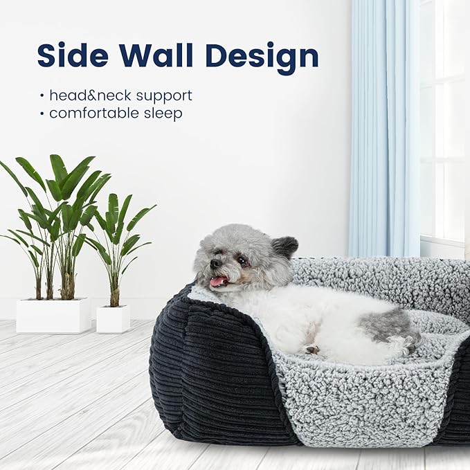 Miguel Washable Dog Bed with Removable Cushion for Small Dogs, Easy to Wash Pet Sofa Bed with Side, Rectangle Bolster Cat Bed Calming Cuddle Puppy Bed with Anti-Slip Bottom, Black 18 Inch - PAWPICO