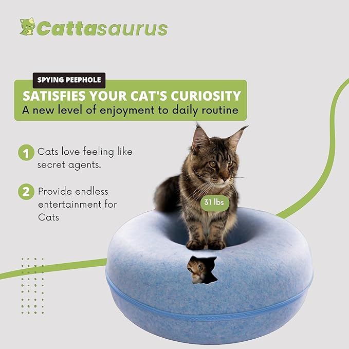 CATTASAURUS Peekaboo Cat Cave for Multiple & Large Cats Up to 30-45 Lbs, Scratch Detachable & Washable Tunnel Bed, Comfy Donut Cat Cave (Blue, Jumbo) - PAWPICO