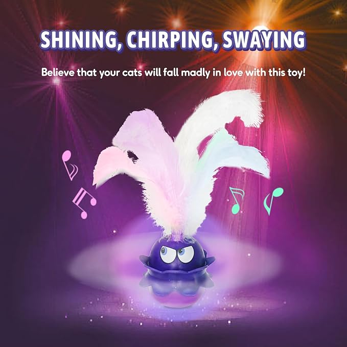 LEWISER Cat Toys Monster, 3in1 Rechargeable Automatic Interactive Cat Toy for Indoor Cats Exercise, Real Feathers, Silicone and Butterfly Tail, LED Lighting, Mice Squeak Chirping, Purple - PAWPICO