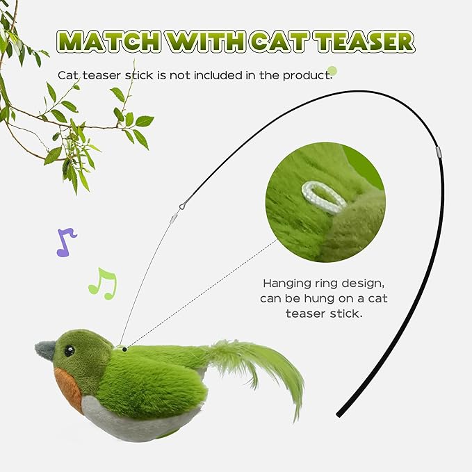 LEWISER Cat Toys Chirp Chickadee, Interactive Cat Feather Toys, Retractable Cat Teaser Toy, Hanging Toys for Indoor Cats Exercise, Kitten Kitty Fun Mental Physical Toys, Green (1 Pack) - PAWPICO