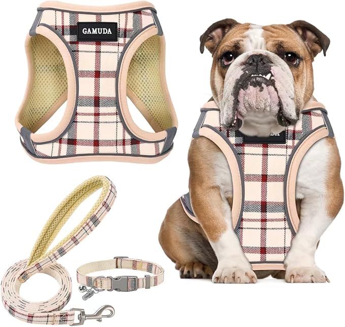 GAMUDA Small Dog Harness Collar and Leash Set, Step in No Chock No Pull Soft Mesh Adjustable Dog Vest Harnesses Plaid Reflective for Dogs Puppy Cats Kitten Rabbit (Beige, XL) GAMUDACollarsCollection