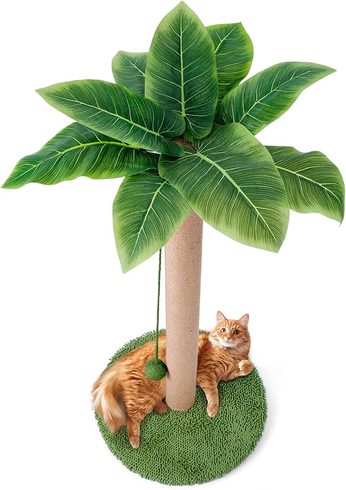 Odoland Cat Scratching Post - Indoor 33 inch Palm Tree Sisal Scratch Posts with Dangling Balls for Kitten and Large Cat - Vertical Scratcher Cute Cat Scratching Post Fun Cat Toy Green - PAWPICO