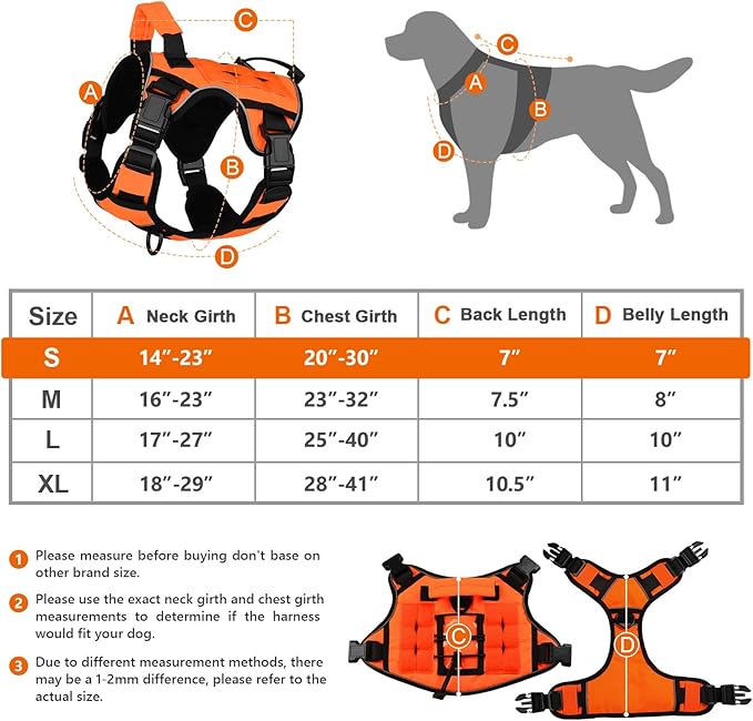 WINGOIN Orange Dog Tactical Harness for Small Dogs No Pull Adjustable Reflective K9 Military Dog Service Dog Harnesses with Handle, Metal Buckles for Dachshund, Boston Terrier, Beagle(S) WINGOIN
