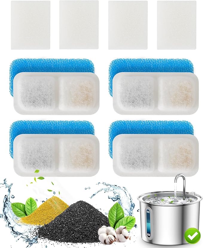 oneisall Cat Water Fountain Filters Replacement, 4 Pack Cat Fountain Filters for 67oz/2L Stainless Steel Cat Fountain Filters, Filters for Cat Water Fountain Easy to Install and Clean - PAWPICO