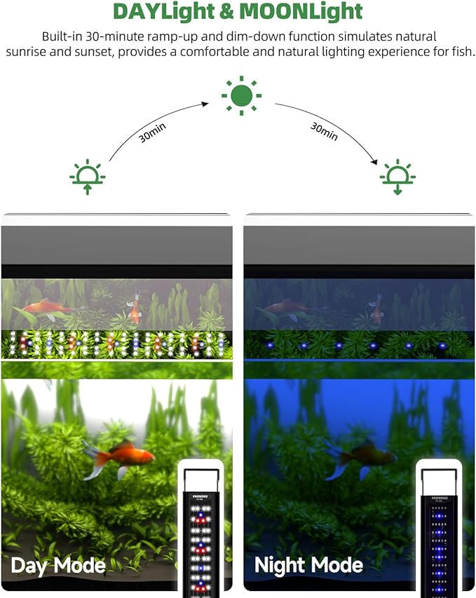 Aquarium Light, LED Full Spectrum Freshwater Aquarium Lights, Daylight/Moonlight Mode and stepless dimmable, Fish Tank Light with 6h/9h/12h Timer and Auto ON/Off (G 12-17 in) PRONORO