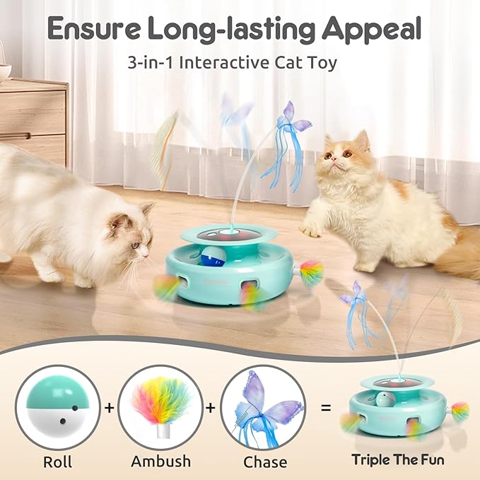 ORSDA Cat Toy, 3-in-1 Automatic Cat Toys for Indoor Cats, Electronic Whack a Mole, Fluttering Butterfly,Track Balls Kitten Toy, Rechargeable Power Interactive Feather Toys for All Breeds - PAWPICO