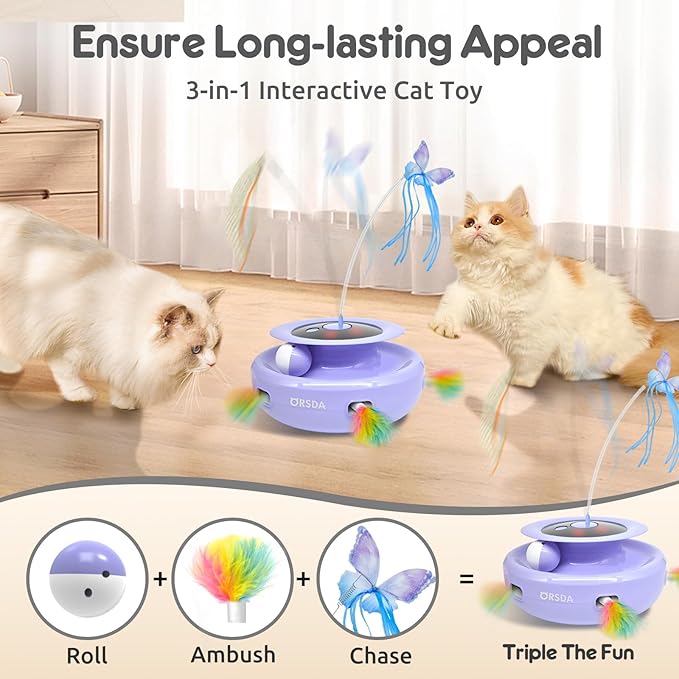 ORSDA Cat Toy, 3-in-1 Automatic Cat Toys for Indoor Cats, Electronic Whack a Mole, Fluttering Butterfly,Track Balls Kitten Toy, Rechargeable Power Interactive Feather Toys for All Breeds - PAWPICO