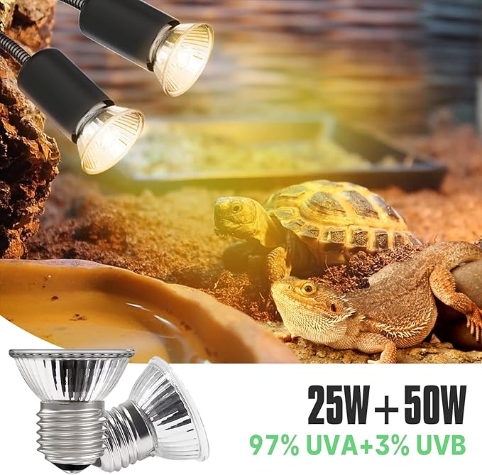 Reptile Heat Lamp Bulbs 4-pack (25W*2/50W*2), Amphibian Basking Light Bulb,Reptile Daylight Bulb, for Turtle,Bearded Dragon,Lizard,Works with Various Lamp Fixtures DTZYServiceforYourLife