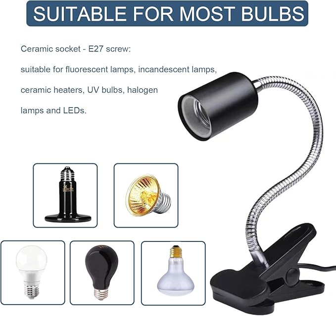 Upgraded Reptile Heat Lamp, UVA/UVB Turtle Heat Light Dimmable Aquarium Basking Light with 2 Bulbs Habitat Heating Lamp with 360° Rotatable for Terrarium Reptiles Lizard Snake PUEUTU