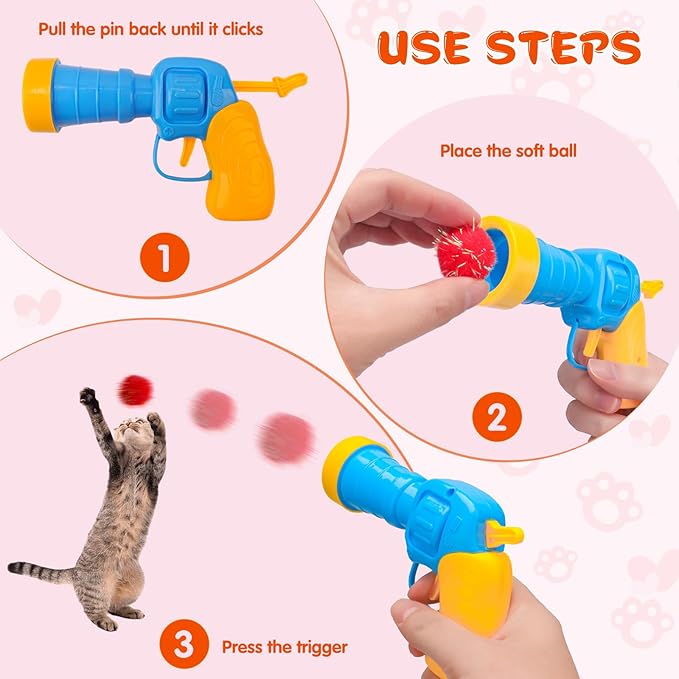 BooTaa Pet Toys, Interactive Cat Toy Set, 80pcs Glitter Pom-Poms Cat Ball Toy with 1 Launcher, Safe Soft Cat Toy Balls for Fetch, Training, Playing - PAWPICO
