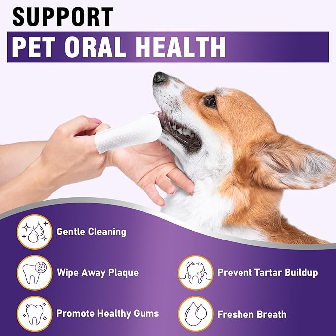 Teeth Cleaning Wipes for Dogs & Cats, Dental Care Finger Wipes, Remove Plaque, Tartar & Bad Breath, Disposable Gentle Cleaning & Gum Care Pet Wipes, No-Rinse Dog Finger Toothbrush, 50 Counts Pjordo