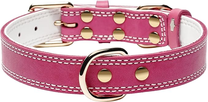 Dog Collar,Genuine Leather Dog Collar,Heavy Duty Dog Collar,Valentines Dog Collar for Small Dog, Medium Dog,Large Dog and Extra Large Dog (M: 1" Wide for 15.2"-19.2" Neck,Dual Stitch - Pink) DAIHAQIKO