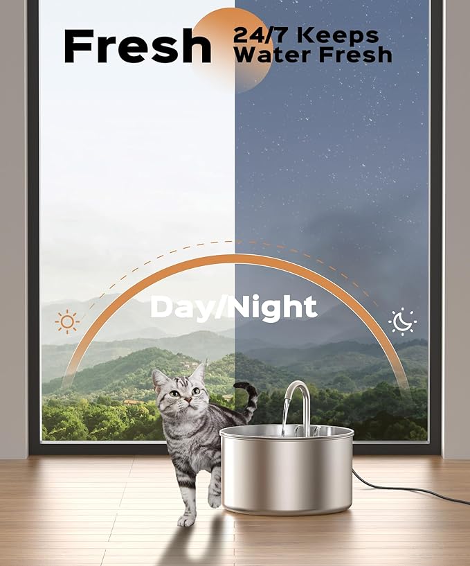 Stainless Steel Cat Water Fountain: Pet Fountains Indoor Metal Automatic Dispenser Cat Waterer Bowls Dog Faucet Bottle Pets 24/7 Running Watering for Drinking Quiet Pump with 1 Filter - PAWPICO