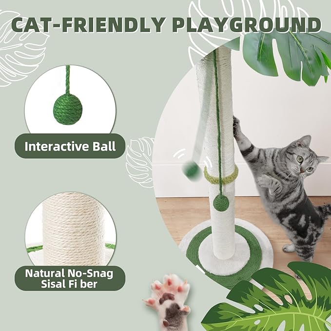 MEOWOOU Cat Scratching Post for Indoor Cats and Kitten, 35” Tall Monstera cat Scratching Post with sisal Hanging Interactive Ball, Suitable for Large Adult cat, Kitten, and All Type of Cats - PAWPICO