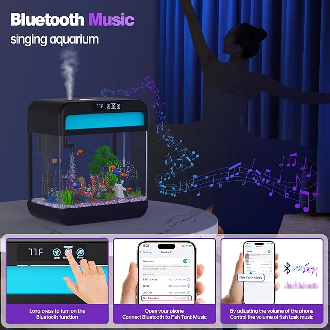 Fish Tank Aquarium 2.2 Gallon Fish Bowl with Music Humidifier 7 Color Auto-Looping Light Adjustable Pump with Filtration & Aeration & Circulation, Temperature Display, Bottom Water Changer Wilody