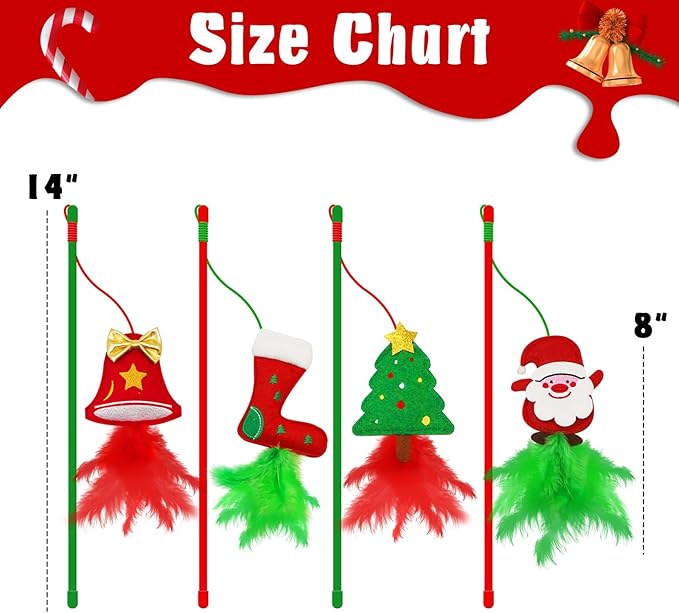Christmas Cat Toys,4 Pack Cat Wand Toys for Indoor Cats, Cat Gifts with Catnip and Feathers for Christmas, Christmas Cat Wand for Cats and Kitten - PAWPICO