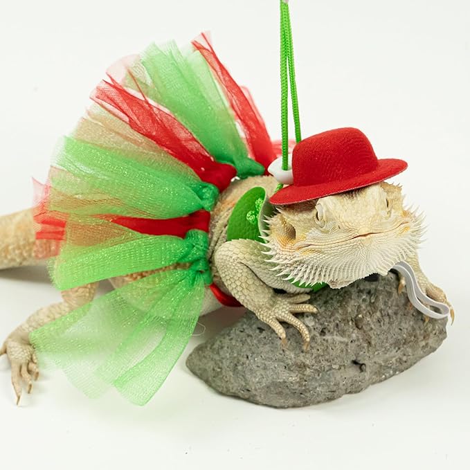Bearded Dragon Christmas Costume Tutu Skirt Bowler Hat Leash Harness Reptile Christmas Cosplay Accessories Set for Lizard Leopard Gecko(Red) WODISON