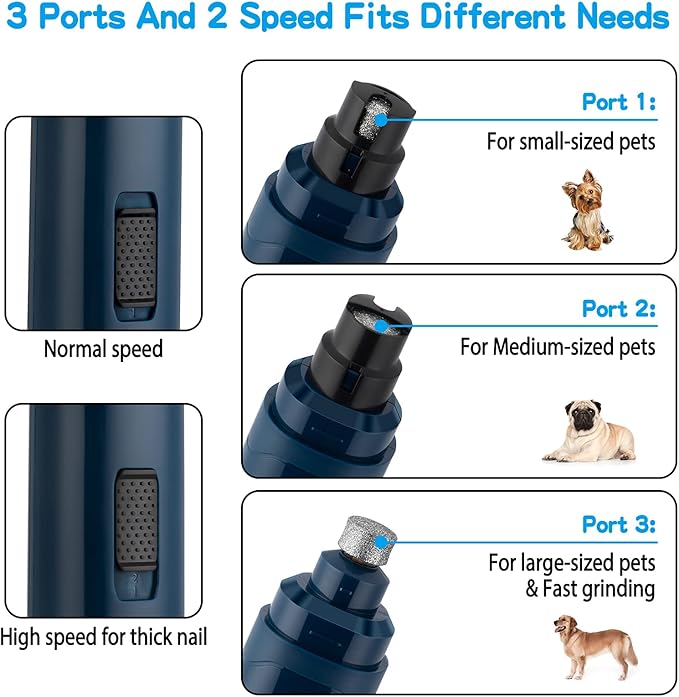 Casfuy Dog Nail Grinder Upgraded - Professional 2-Speed Electric Rechargeable Pet Nail Trimmer Painless Paws Grooming & Smoothing for Small Medium Large Dogs & Cats (Dark Blue) - PAWPICO