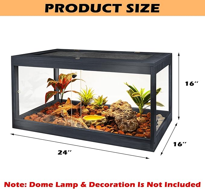 Bearded Dragon Tank 28 Gallon, Lizard Tank, Reptile Tank with Metal Mesh Roof Door, Snake Tank with Lock Design, 24" Long, Black PROLEE