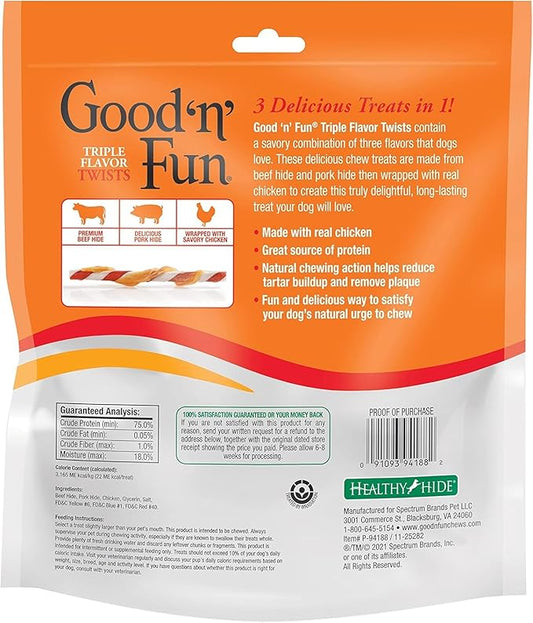 Good'n'Fun Triple Flavor Twists, Dog Chew Sticks, Premium Chicken and Beef Hide Treats for Dogs, 70 Count - PAWPICO