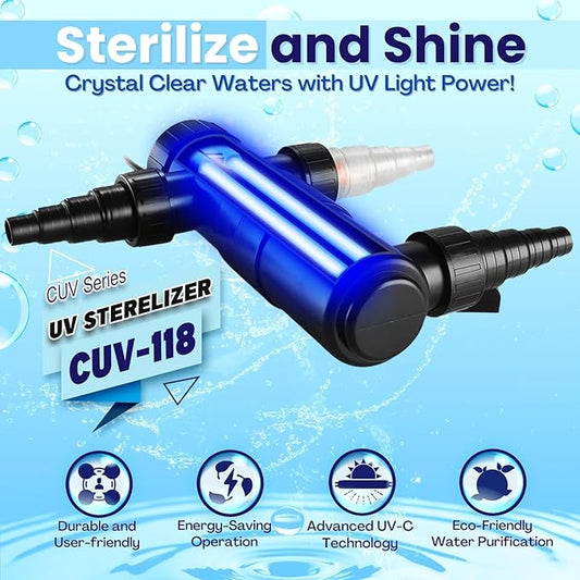 Flexzion UV Light for Pond - 18W Medium Pond UV Light, 5283 Gal Capacity, 2500L/H UV Pond Clarifier for Outdoor Ponds, Clears Water in Days (CUV-118) Flexzion