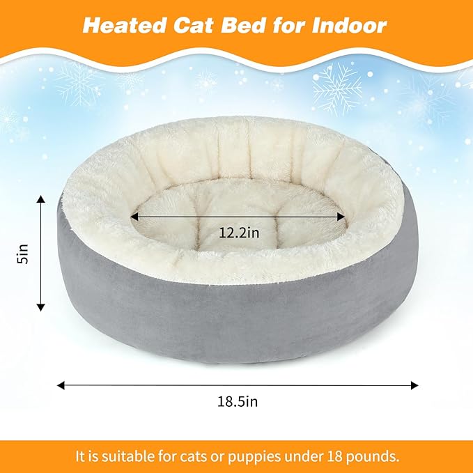 BWOGUE Heated Cat Bed for Indoor Cats,19'' Donut Detachable Heated Pet Bed Thermo-Kitty Heating Bed,Electric Warming Cat Bed Heater with Timer, Washable pet Heating Bed - PAWPICO