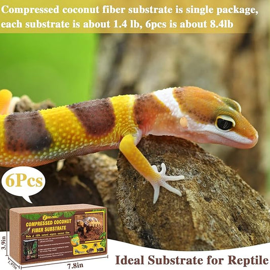 ZeeDix 6Pcs Compressed Coconut Fiber Substrate for Reptiles, 100% Organic Coco Coir Fiber Brick Substrate Fluffy Bearded Dragon Tortoise Snake Terrarium Substrate Loose Natural Husk Terrarium Bedding ZeeDix