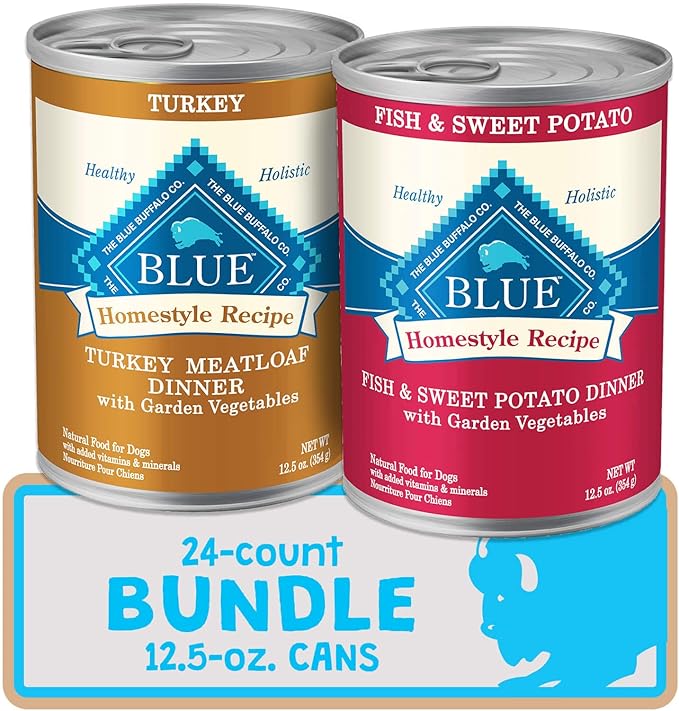 Blue Buffalo Homestyle Recipe Natural Adult Wet Dog Food, Turkey Meatloaf and Fish & Sweet Potato Bundle - PAWPICO